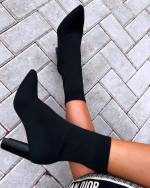 Black Stretch Fabric Heeled Ankle Boots
