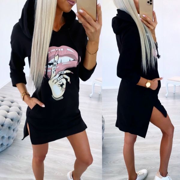 Black Casual Hooded Pullover Dress