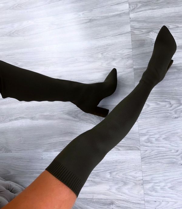 Khaki Thigh Boots Made Of Stretch Fabric With A Block Heel
