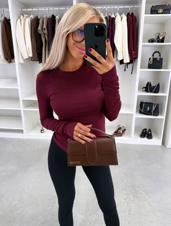 Ciemnoczerwony Elastyczny Top Z Długim Rękawem