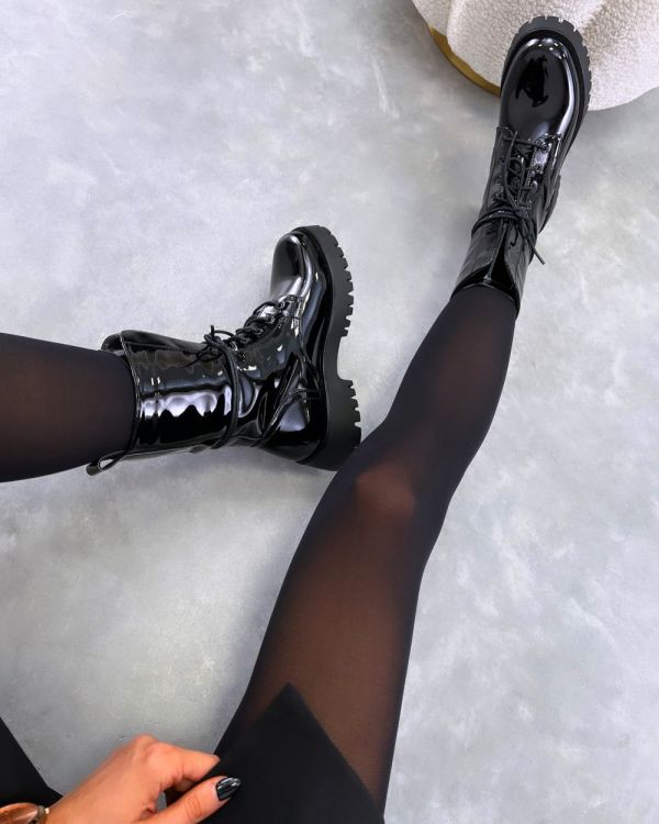 Shiny Black Comfortable Lace-up Boots