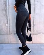 Dark Gray Gold-buttoned Stretch Jeans