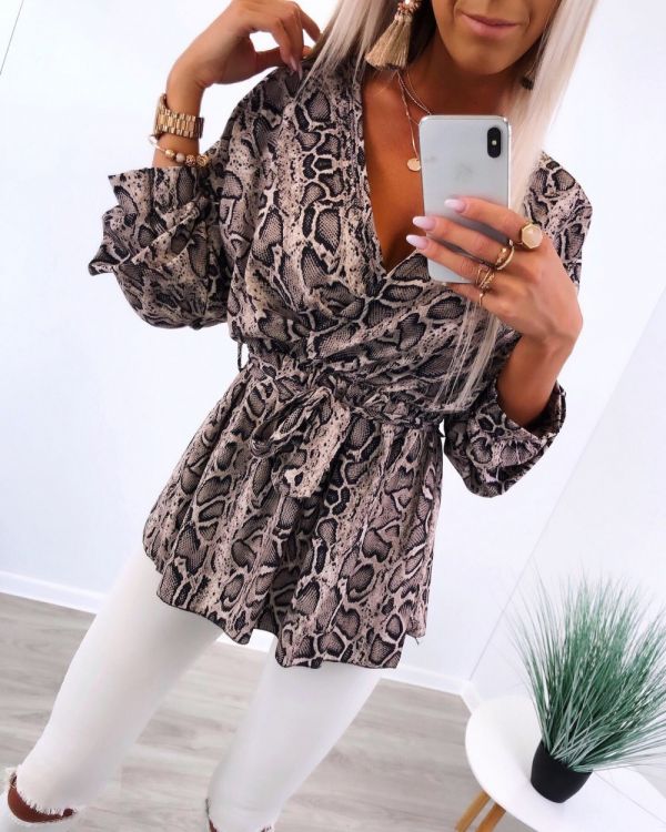 Snake Ruched Sleeve Belted Blouse