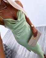 Green Waist-fitted Silky Dress