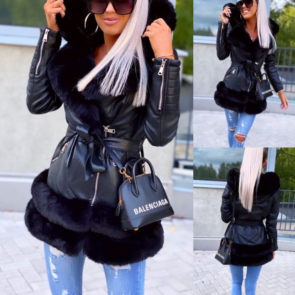 Black Long Hooded Faux Leather Coat