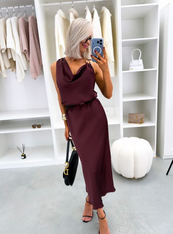 Dark Red Silky Dress With A Belt