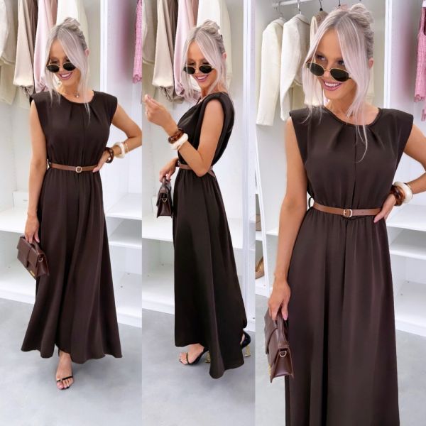 Brown Silky Belted Midi Dress