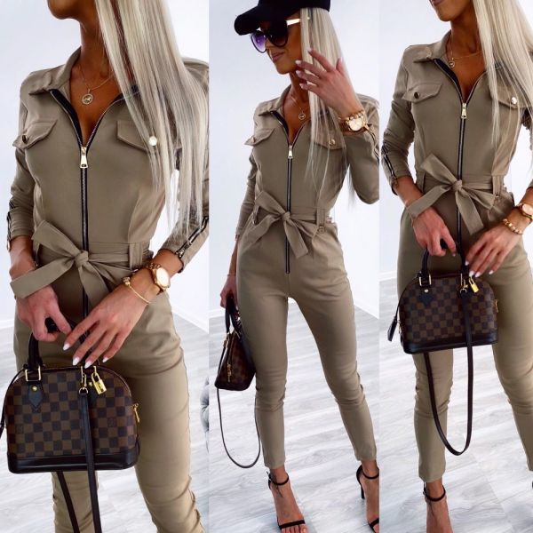 Brown Stretchy Jumpsuit With Golden Details