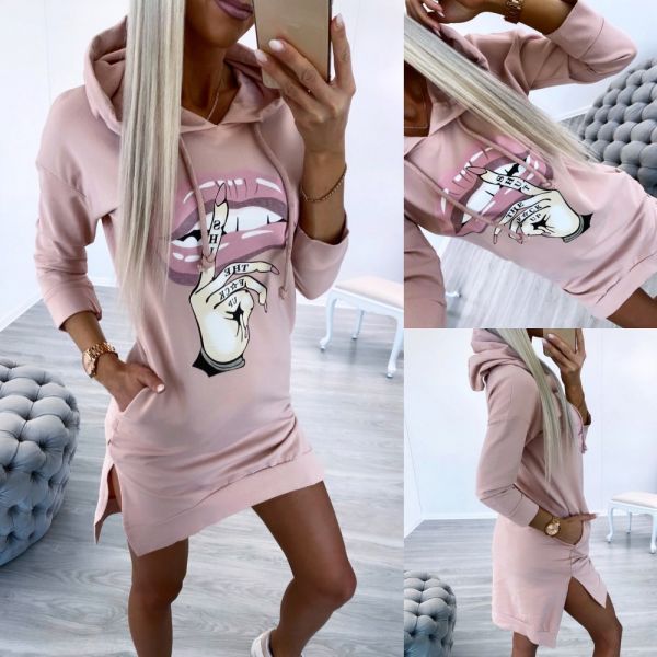 Light Pink Casual Hooded Pullover Dress