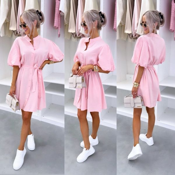 Pink Tie-front Dress With Pockets