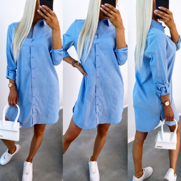 Blue Striped Buttoned Casual Dress