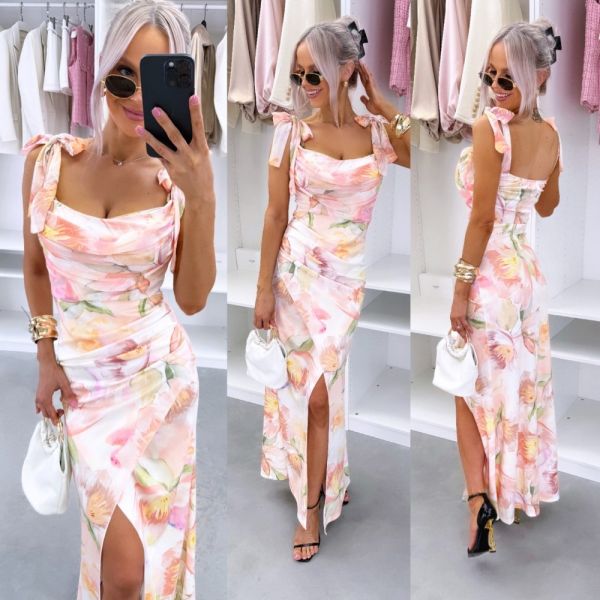 Light Pink Floral Midi Dress In Stretch Fabric