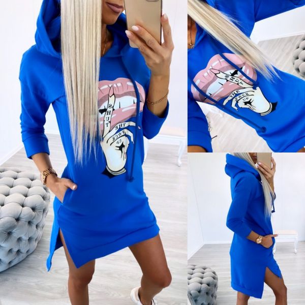Blue Casual Hooded Pullover Dress