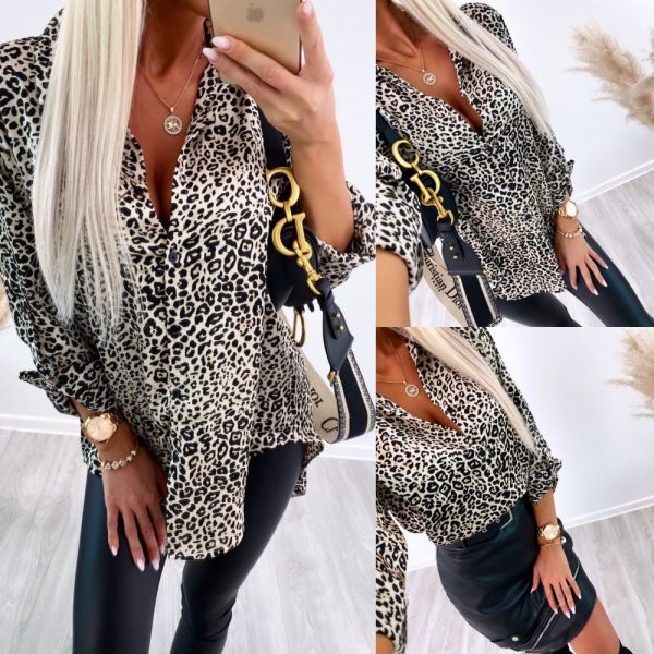 Бежевый Леопардовая блузка на пуговицах