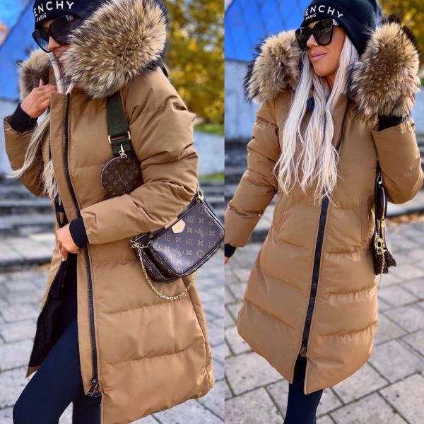 Camel Long Winter Parka With Natural Fur And Waterproof Outer Layer