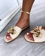White Casual Gold Chain Slippers