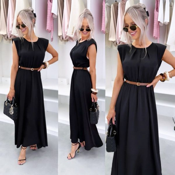 Black Silky Belted Midi Dress