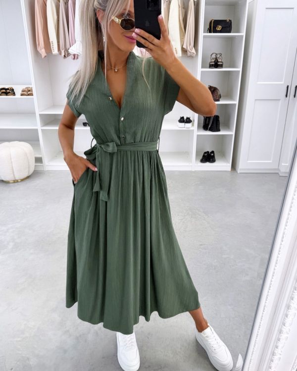 Khaki Tie-front Dress
