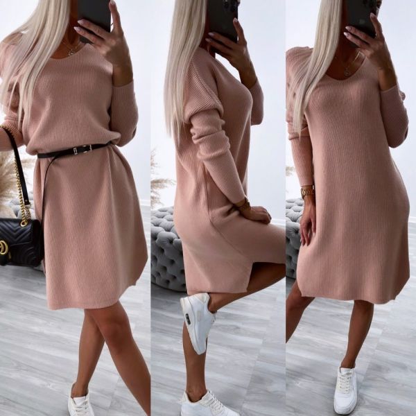 Светло-розовый Свободное платье-свитер с поясом