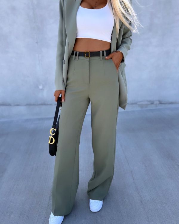 Olive Green Straight-cut Pants With Belt