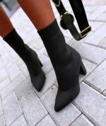 Black Stretch Fabric Heeled Ankle Boots