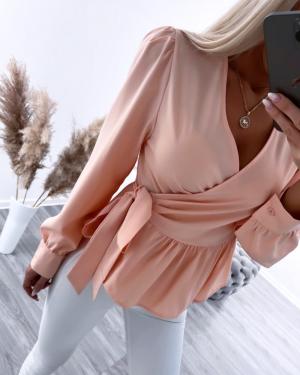Coral Wrap Blouse With Long Sleeves