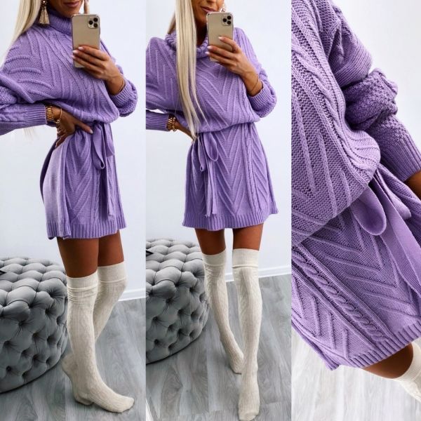 Purple High Neck Tie Knitted Dress