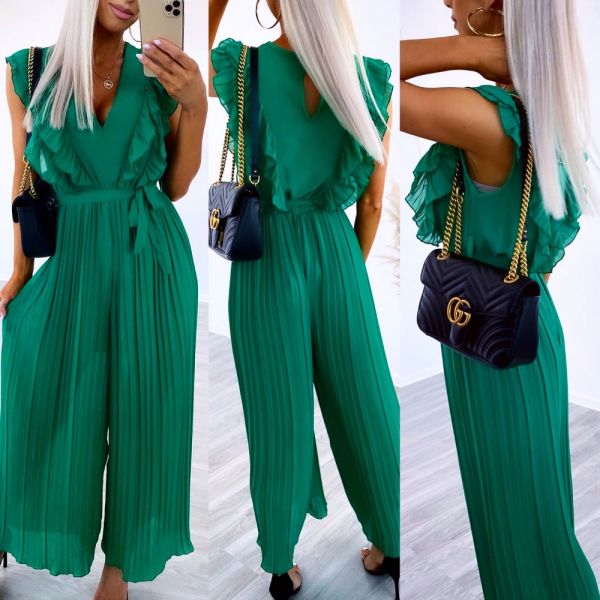 Green Long Lace Pleated Jumpsuit
