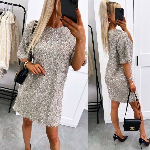 Taupe Soft Flowy Dress With Sequins