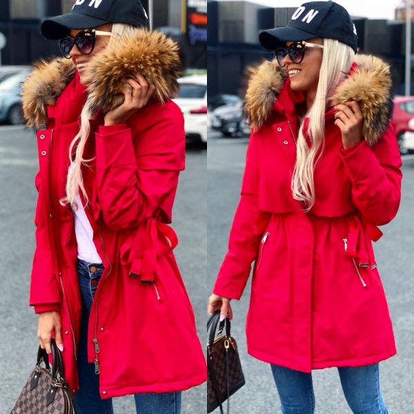 Red Winter Parka With Natural Fur And Adjustable Waist
