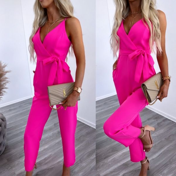 Pink Long Tie Jumpsuit With Pockets