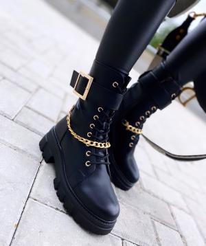 Black Thick Sole Ankle Boots With Golden Chain